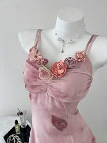 Elamini 女士 3D 花卉装饰褶饰吊带裙 - 藕粉色 - 查看 3