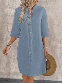 SHEIN LUNE Women's Casual Solid Color Front Button Dress, For Vacation