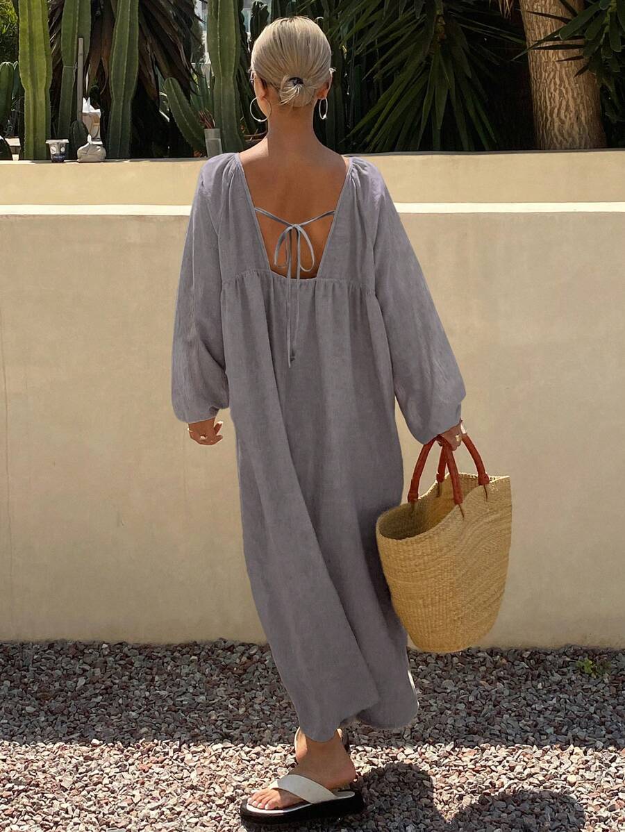 Livesso 秋季女士纯色宽松长袖露背抽绳休闲度假连衣裙