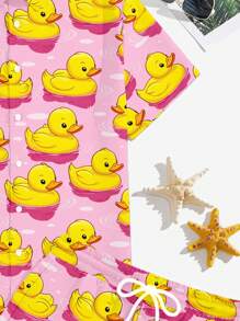 Manfinity RSRT Men's Cartoon Duck Print Short Sleeve Shirt And Shorts Casual Suit For Summer, Cozy Outfits - Multicolor - View 6