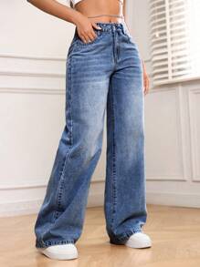 SHEIN PETITE 女式口袋阔腿宽松休闲百搭牛仔裤 - 中等水洗藍 - 查看 4