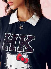 HELLO KITTY AND FRIENDS | SHEIN 1 件夏季休闲卡通字母印花拼色 Polo 领短袖 T 恤，男女通用 - 藏蓝色 - 查看 5
