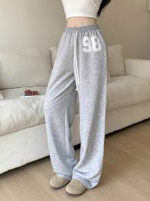 Teengirl 浅灰色低腰运动裤，休闲数字印花街头慢跑裤，适合所有季节 - 淺灰色 - 查看 4