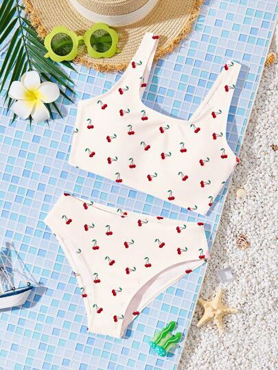 Cream Colored Mini Cherry Print 2pcs Tween Girls Casual Camisole & Brief Swimsuit Set, Summer