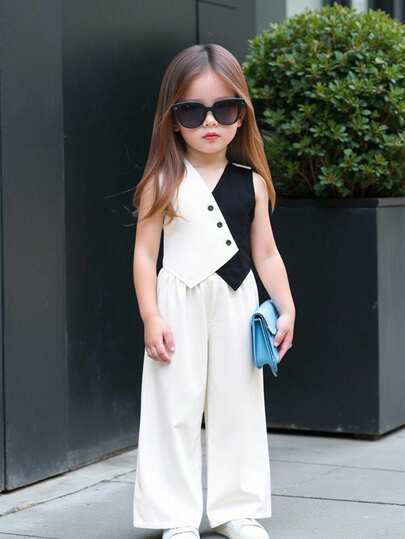 Babygirl Summer Urban Elegant Black & White Patchwork Camisole & Loose Waist Dress 2pcs Set