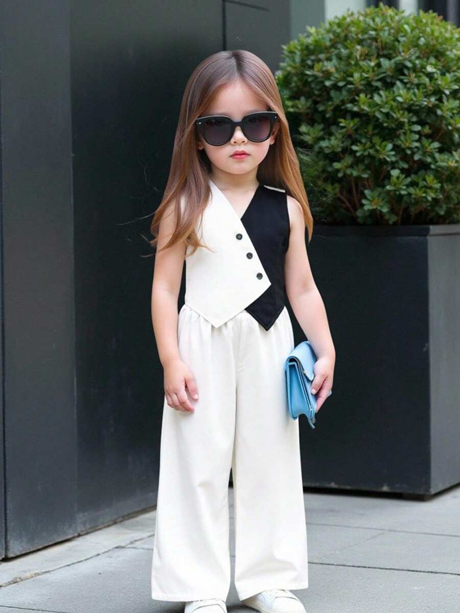 TaviRue Babygirl 夏季都市优雅黑白拼布吊带背心和宽松腰连衣裙 2 件套 - 黑與白 - 查看 1