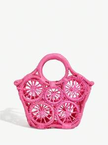 SHEIN SXY Women's Fashionable, Elegant, Simple & Versatile Summer Straw Hollow Handbag, Woven Bag Suitable For Beach, Date, Vacation - Hot Pink - View 2
