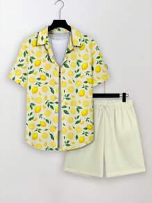 Genlund Men's All-Over Lemon Print Casual Single Breasted Short Sleeve Shirt Set, Summer Yellow Shirt Beach Shirts For Men - Multicolor - View 3