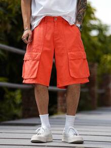 Manfinity Homme Quần short denim ống rộng dáng rộng có túi hộp cho nam - trái cam - Xem 6