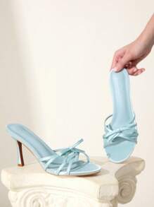 CUCCOO CHICEST Giày cao gót satin màu xanh lam thanh lịch lãng mạn dành cho nữ có quai nơ thiết kế chéo, phù hợp mặc khi đi tiệc, uống trà, hẹn hò, tiệc tùng, ngày lễ, đi biển - Màu xanh lam - Xem 4