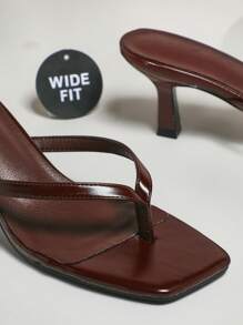 SHUZIA Wide Fit Women's Kitten Heel Square Toe Slip-Ons Glossy PU Coffee Thong Strap Sandals - Plus Size Comfort For Weddings, Evening Parties & Formal Events