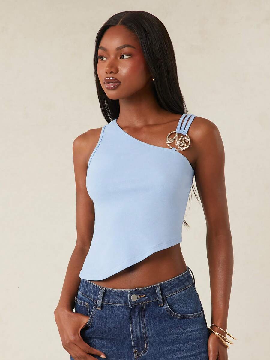 NYA SZN Top de satén pastel, asimétrico, con detalle dorado en el hombro, de punto básico, para salir, brunch, uso diario, casual, elegante y modesto para mujeres - Azul - Ver 1
