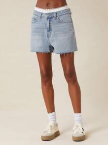 NYA SZN 牛仔短裤平角裤蕾丝内裤细节休闲日常度假派对早午餐优雅辣妹俱乐部外出性感演唱会全国巡演音乐节夏季柔和色调女士 - 淺色水洗藍 - 查看 1