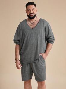 EASEVO Plus Size Men's V-Neck Long Sleeve Casual Loose Oversized T-Shirt And Shorts Set Summer Outfit - Grey - View 3