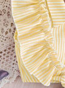 Babygirl Summer Cute Versatile Striped Ruffle Trim Camisole Shirt - Yellow - View 6