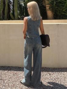 DAZY Conjunto de verano de camiseta de tirantes de mezclilla lavada y pantalones de pierna ancha para mujer, ropa de ocio, ropa de vuelta al colegio