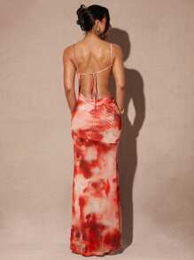 Silquee 女士性感扎染印花开衩露背吊带连衣裙，夏季 - 彩色 - 查看 3