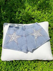 Comfortcana 女士豹纹星星口袋休闲百搭俱乐部女士性感牛仔短裤，乡村音乐会，返校季