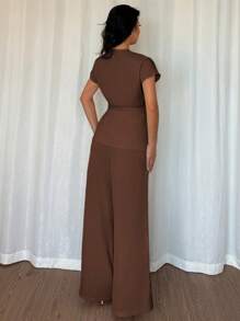 Elenzga 女士优雅裹身蝙蝠袖衬衫和宽松阔腿裤两件套，杏色编织，适合夏季外出、约会、度假 - 咖啡棕 - 查看 2