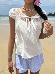 SHEIN EZwear Damen Sommer Lässig einfarbige Spitzen-Patchwork Bluse - Weiss - Übersicht 4
