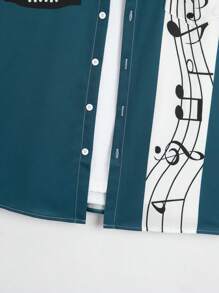 Manfinity Homme Music Note & Guitar Print Men's Casual Short Sleeve Button Down Shirt, Color Block Summer Shirt For Men - Navy Blue - View 3