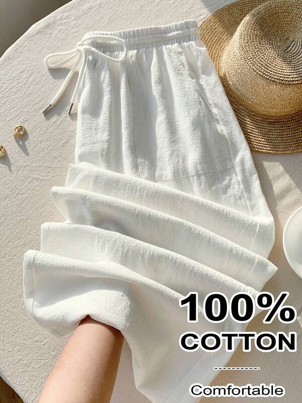 Comfortcana Plus Size Women White Casual Pants, Fashionable For Summer 100% Cotton Pants