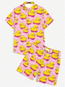 Manfinity RSRT Men's Cartoon Duck Print Short Sleeve Shirt And Shorts Casual Suit For Summer, Cozy Outfits - Multicolor - View 5