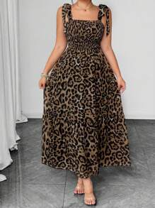 Elenzga Plus Size Women Leopard Print Tie-Up Bow Decor Waist Ruffle Hem Long Casual Vacation Dress, Spring/Summer - Brown - View 3