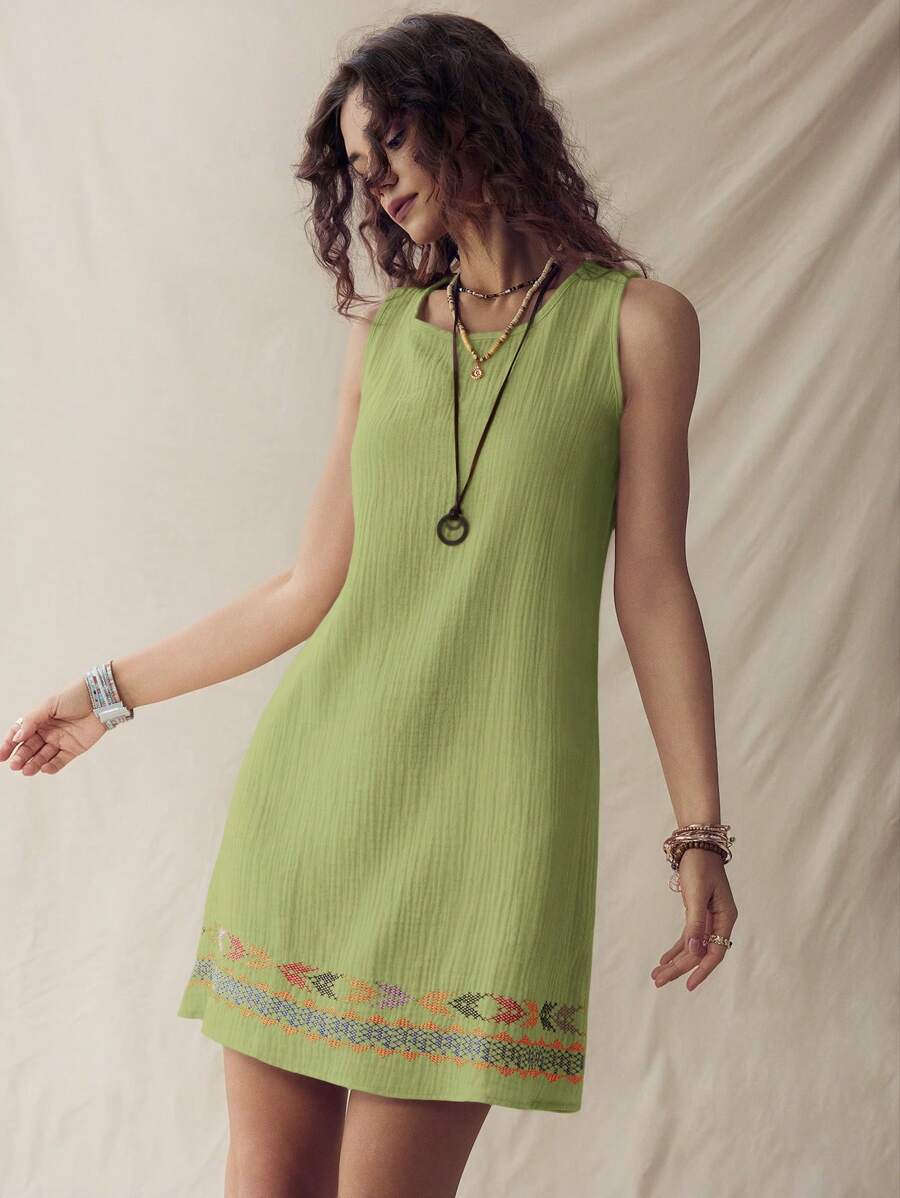 EMERY ROSE 夏季休闲海滩度假亚麻纹理杏色女式无袖背心裙