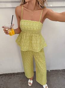 SHEIN LUNE Set estivo da 2 pezzi composto da canottiera con fiorellini carini di colore giallo e pantaloni lunghi a vita elastica