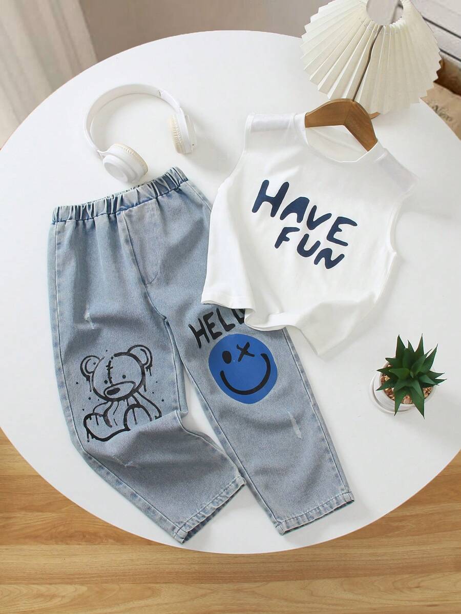 Young Boy Round Neck Print Graphic Tank Top Paired With Denim Jeans, Casual Personalized Outfit Suitable For Daily Life, Summer, Holiday, Summer, Travel, School, Campus, College - Multicolor - View 1