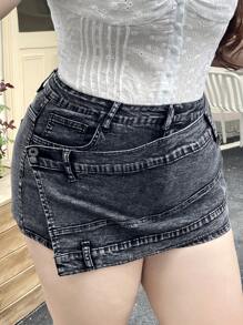 SHEIN ICON Plus Size Women's Elastic Black & Gray Fashionable Denim Skort Shorts, Summer