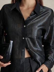 Briarwyn Shiny Loose Solid Front Button Long Sleeve Shirt, Style Summer And Beach 4th Of July Airport