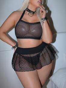AltCore 3pcs/Set Plus Size Solid Color Hollow Out Sheer Halter Lingerie Set