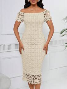 SHEIN Lady Váy ren bó màu trơn thanh lịch cho nữ, mùa hè - Màu be - Xem 7