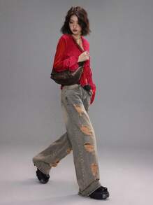 Coolane Women's Spring/Summer Date Night Concert Streetwear Textured Pleated Ruffle Blouses - Burgundy - View 3