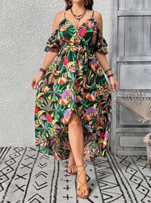 EMERY ROSE Plus Size Women Off Shoulder Floral Print Maxi Dress With Asymmetrical Ruffle Hem, Summer Vacation Dress - Multicolor - View 5