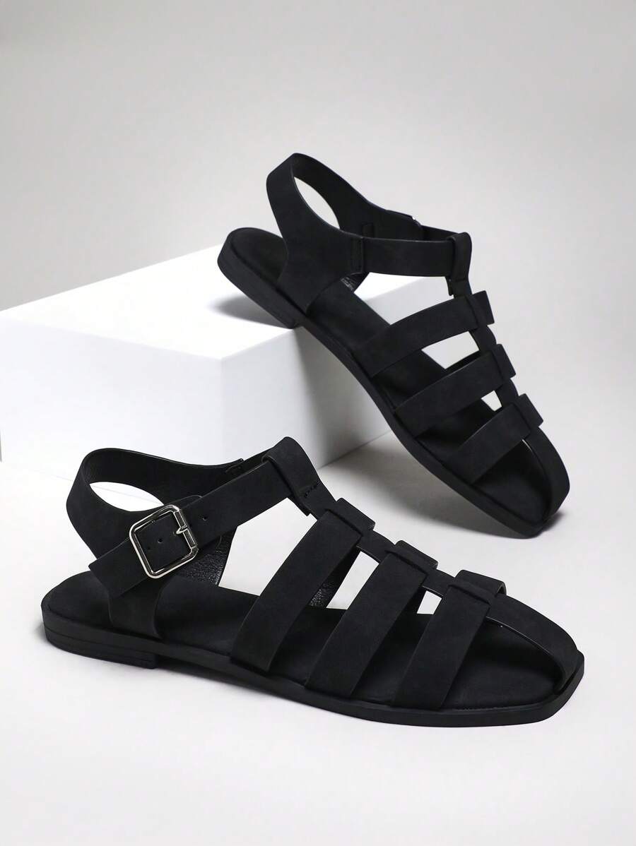 SHUZIA Giày sandal đế bằng dệt phong cách La Mã cổ điển dành cho nữ - màu đen - Xem 1