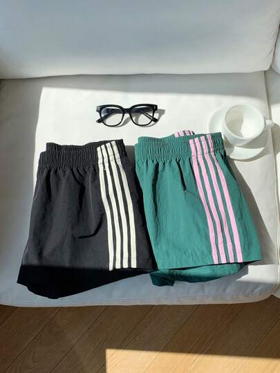 Comfortcana 2 piezas Shorts de verano con cinturón tejido de color contrastante para mujeres