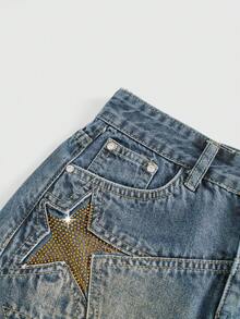 ROMWE Grunge Punk Váy denim thường ngày cho nữ có thiết kế đính đá hình ngôi sao - Màu xanh nhạt - Xem 3