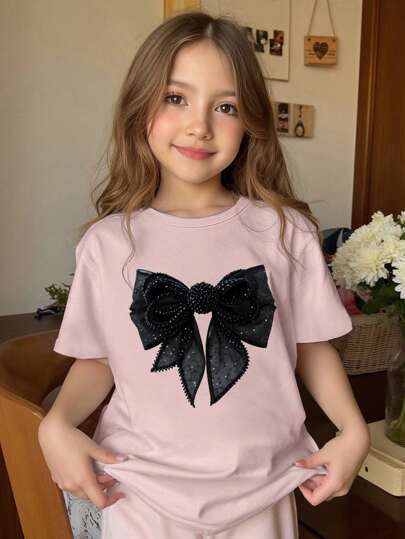 Sparklyn Tween Girls' Summer Casual Bow Print T-Shirt Young Girl Summer Outfits Bow Shirts For Girls Kids Bow Clothes