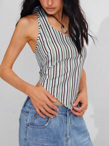 Roylia 女式夏季条纹时尚挂脖背心 - 綠色 - 查看 4