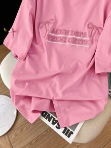 SHEIN 韩版字母刺绣+手工蝴蝶结宽松中长款圆领落肩女T恤 - 粉色 - 查看 4