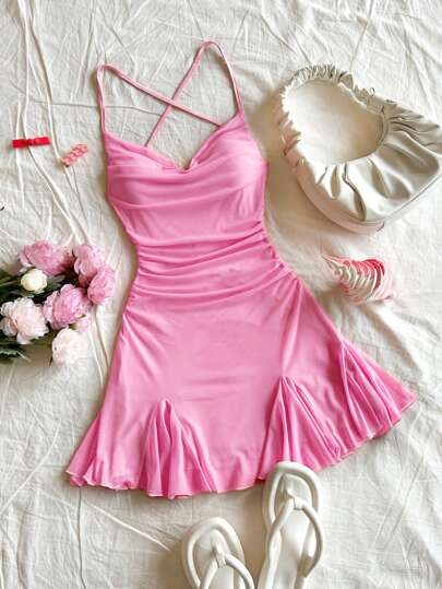 Soleia 大码女式度假细肩带迷你连衣裙，垂坠领口，露背，系带蝴蝶结，鱼尾，性感风格，郊游，浪漫，约会，海滩，少女波西米亚风波西米亚浪漫花卉度假花卉，太阳裙，夏装，粉色套装