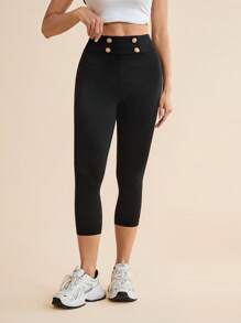 SHEIN Tall 纯色纽扣装饰修身休闲短款针织打底裤 - 黑色 - 查看 4