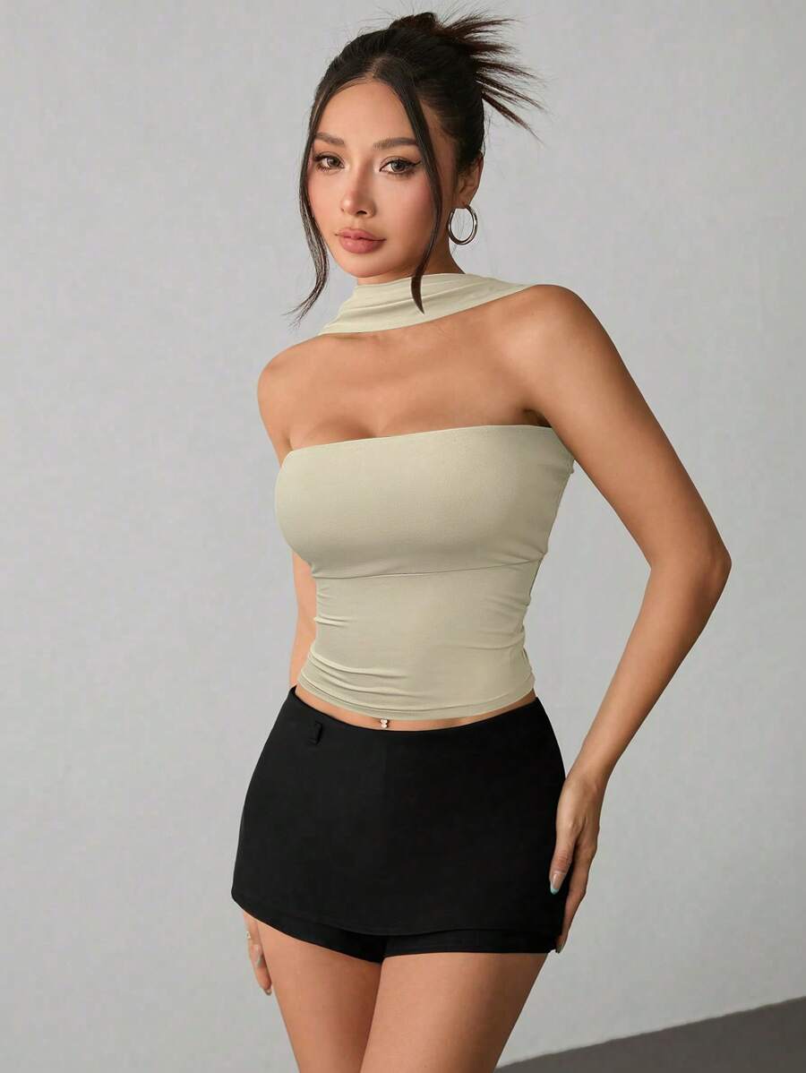 SHEIN PETITE 女士纯色修身优雅细肩带吊带背心,夏季 - 杏色 - 查看 1