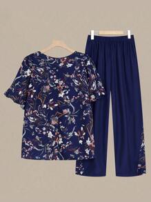 Linhara 大码女式热销波西米亚印花圆领短袖上衣和撞色口袋长裤两件套休闲套装，适合度假海滩、春夏季 - 藏蓝色 - 查看 2