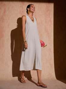 Bóhologie Vestido largo beige para mujeres, cuello en V, vestido casual para primavera y verano