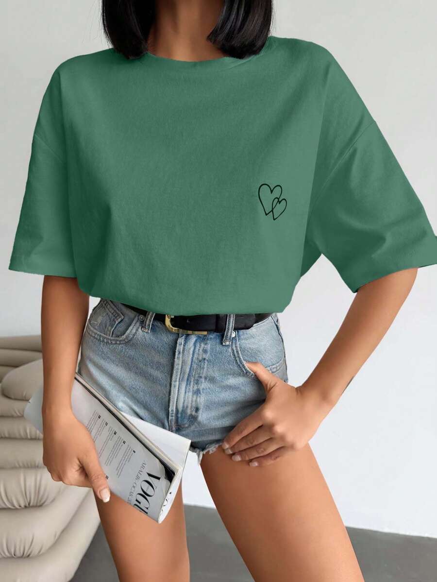 SHEIN Cottnline Women Solid Color Printed Detailed Short Dress T-Shirts - Mint Green - View 1
