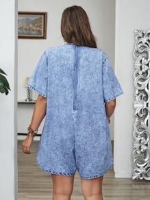EMERY ROSE Plus Size Women's Washed Pockets V-Neck Denim Romper, Summer Woman Summer Clothes Women Clothes Vacation Women Summer Clothes Country Concert Outfit Boho Beach Vacation Outfits Festival Outfits For Women Hawaii Outfits Women Jumpsuits For Woman Elegant